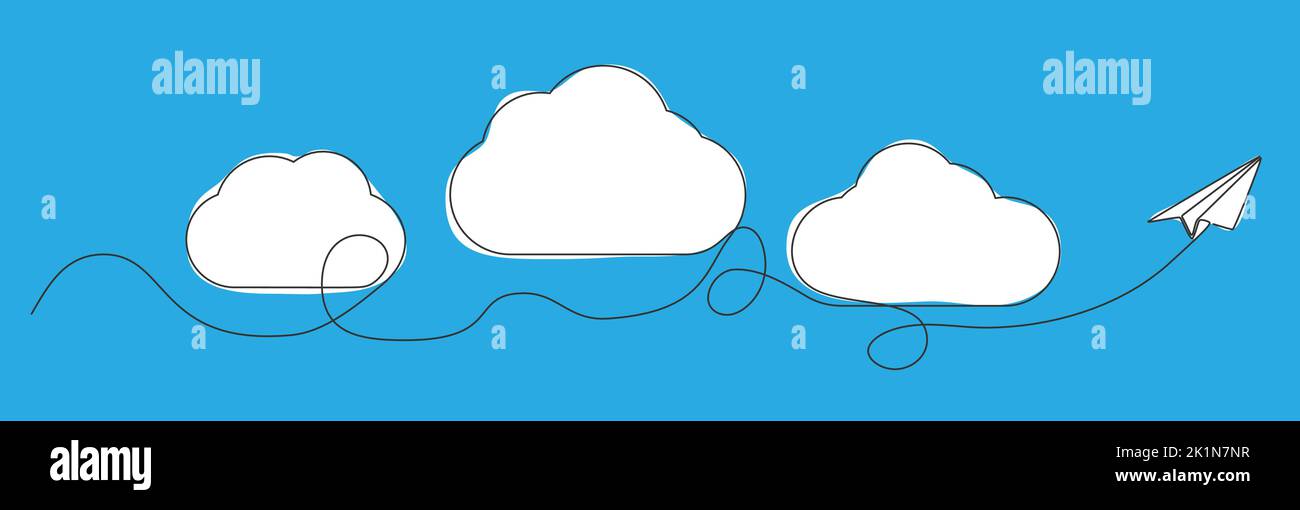 disegno a linea singola di nuvole nel cielo con piano di carta, illustrazione vettoriale di disegno a linea Illustrazione Vettoriale