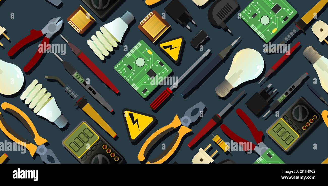 Attrezzi per elettricista. Riparazione di apparecchiature radio elettroniche e a microprocessore. Componenti di ricambio e assistenza. Ripetizione senza giunture. Vettore. Illustrazione Vettoriale
