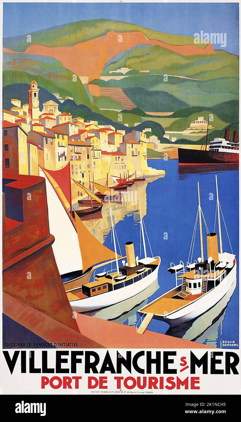Poster di viaggio d'epoca - Roger Broders VILLEFRANCHE s MER Port De Tourisme Foto Stock