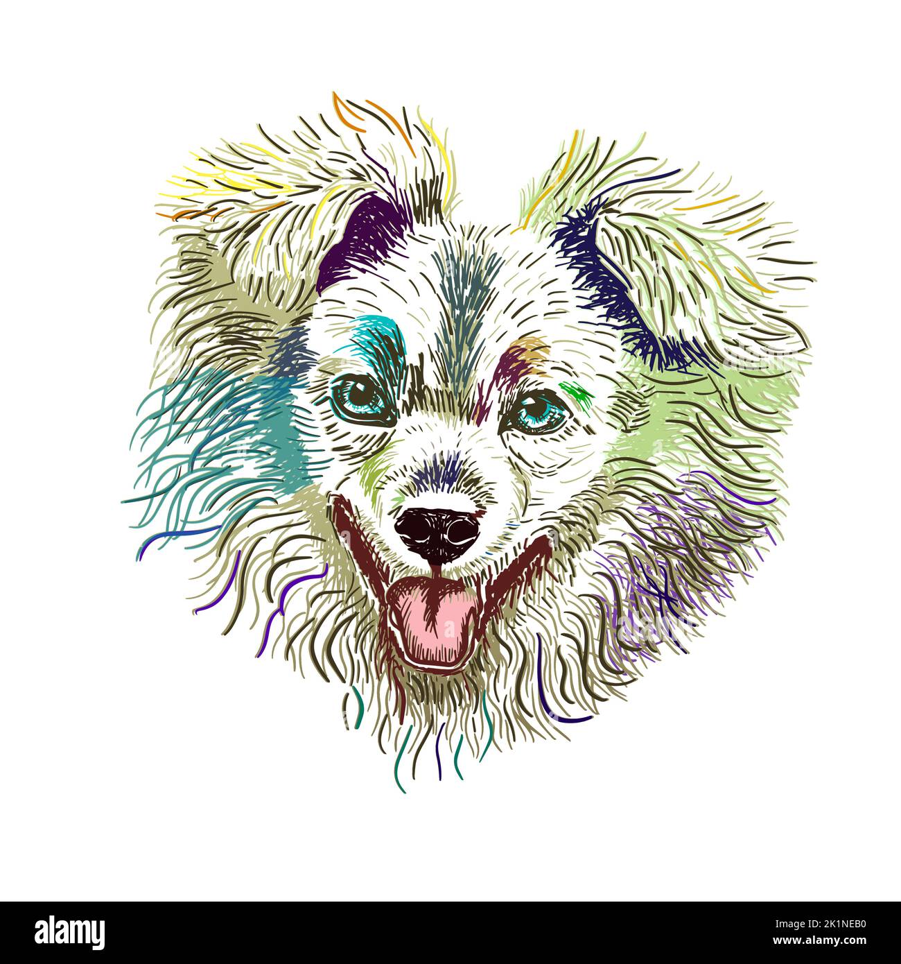 La faccia del cane è cute. Linea di schizzo multicolore. Illustrazione vettoriale Illustrazione Vettoriale