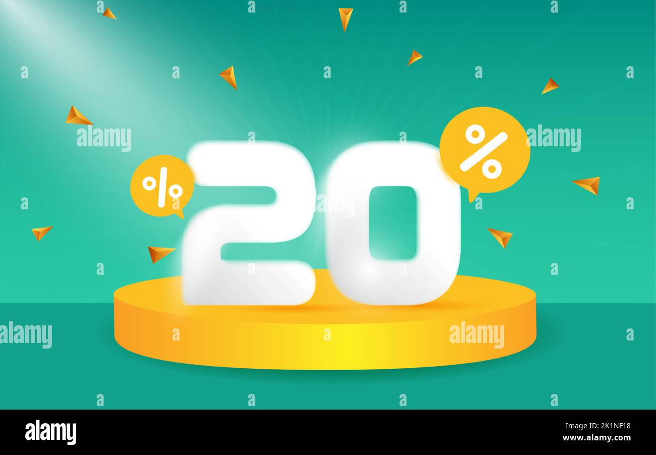 20% di sconto. Sconto composizione creativa. 3d simbolo di vendita con oggetti decorativi, podio. Banner e poster di vendita Illustrazione Vettoriale