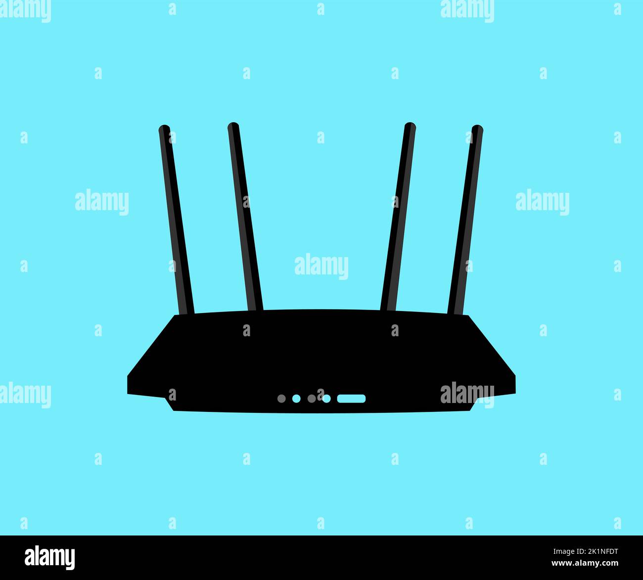 Moderno router wireless Wi-fi nero con quattro antenne e logo con indicatore blu. Concetto di router wireless, segnale Internet, Internet, connesso. Illustrazione Vettoriale