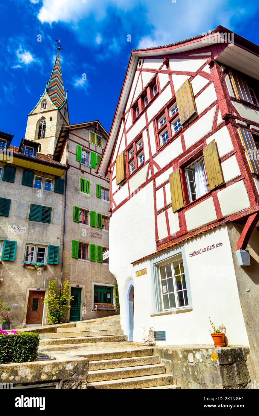 Schlüssel am Rank 1616 casa, Obere Halde e Untere Halde strade con case colorate e storiche il centro storico di Baden, Svizzera Foto Stock