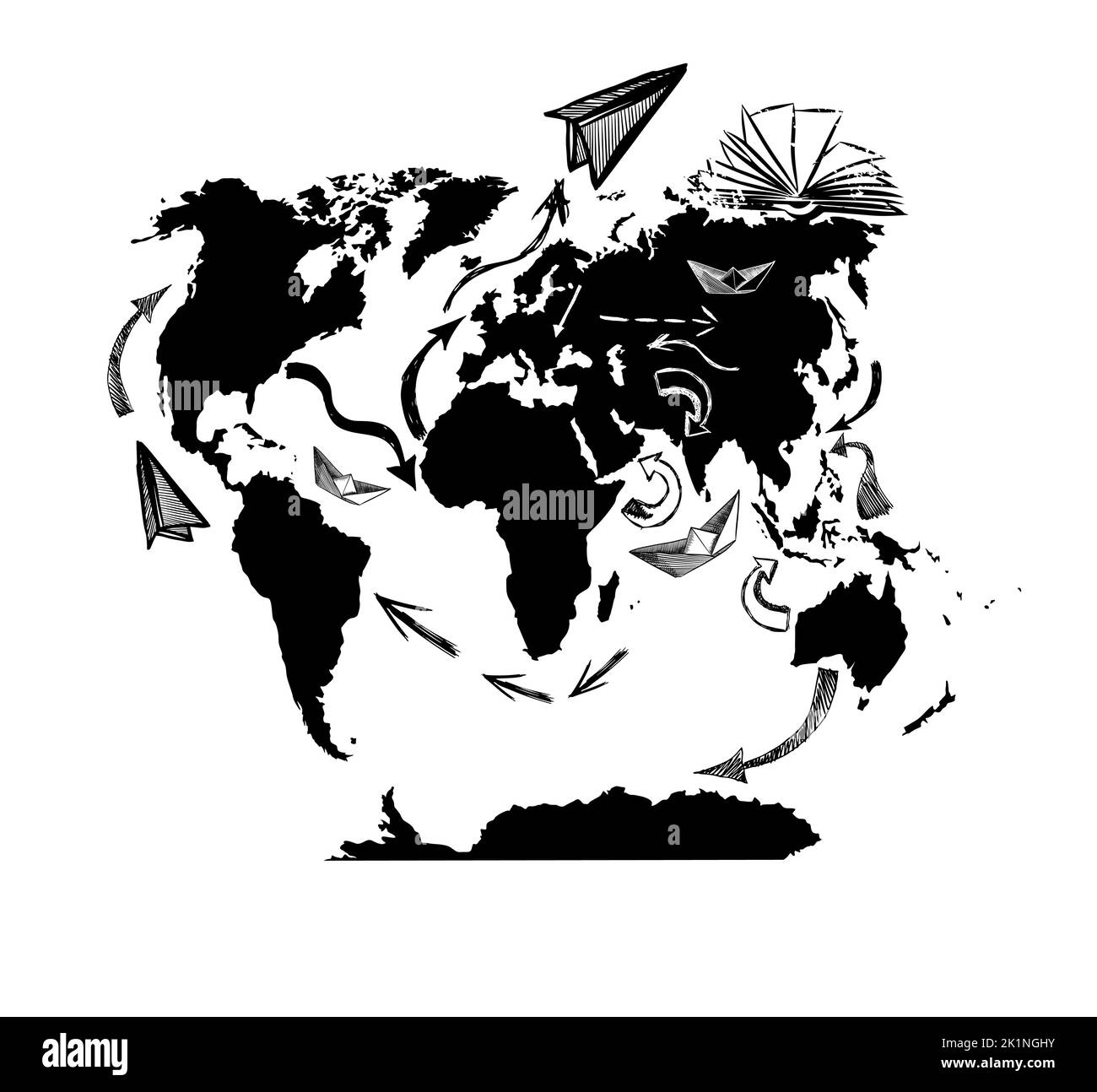 Silhouette della mappa del mondo con frecce astrazione. Illustrazione vettoriale Illustrazione Vettoriale