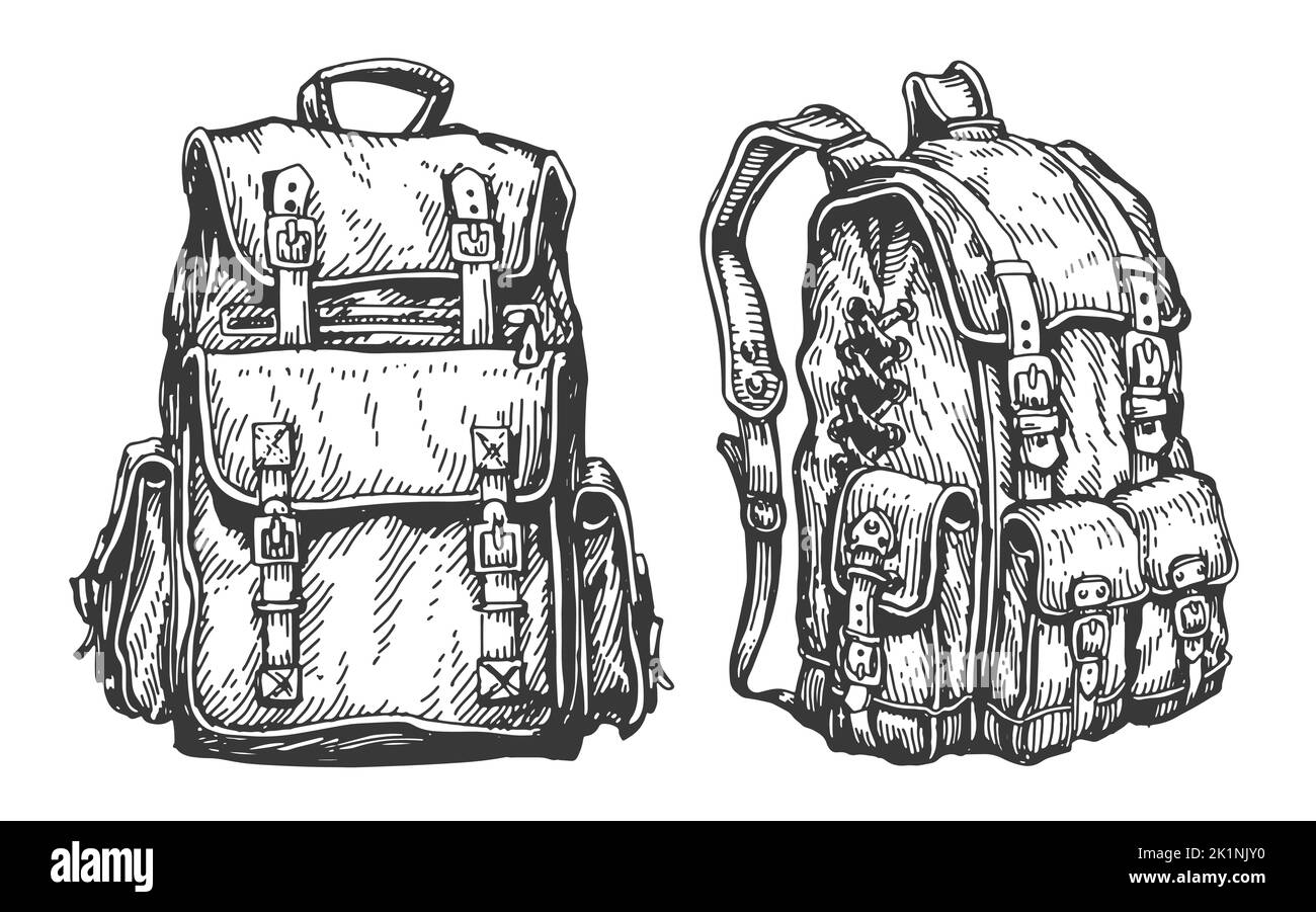 Zaino da viaggio vintage schizzo. Campeggio, borsa da trekking. Concetto di avventura. Spedizione, backpacking vettore illustrazione Illustrazione Vettoriale