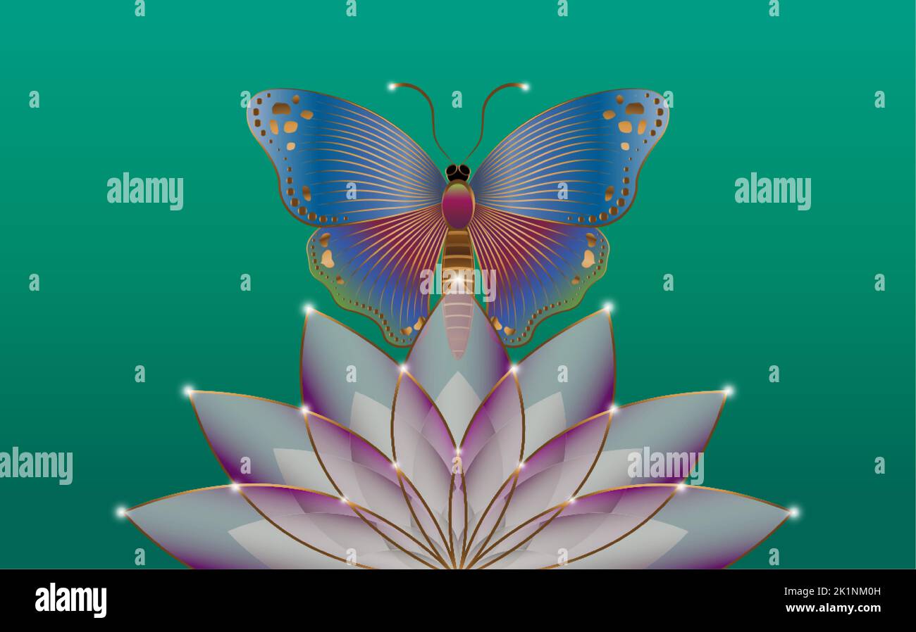 Fiore sacro di loto e mistico logo farfalla con coloratissimo modello di fiore viola Butterfly. Vector Design per la moda, Poster Card Illustrazione Vettoriale