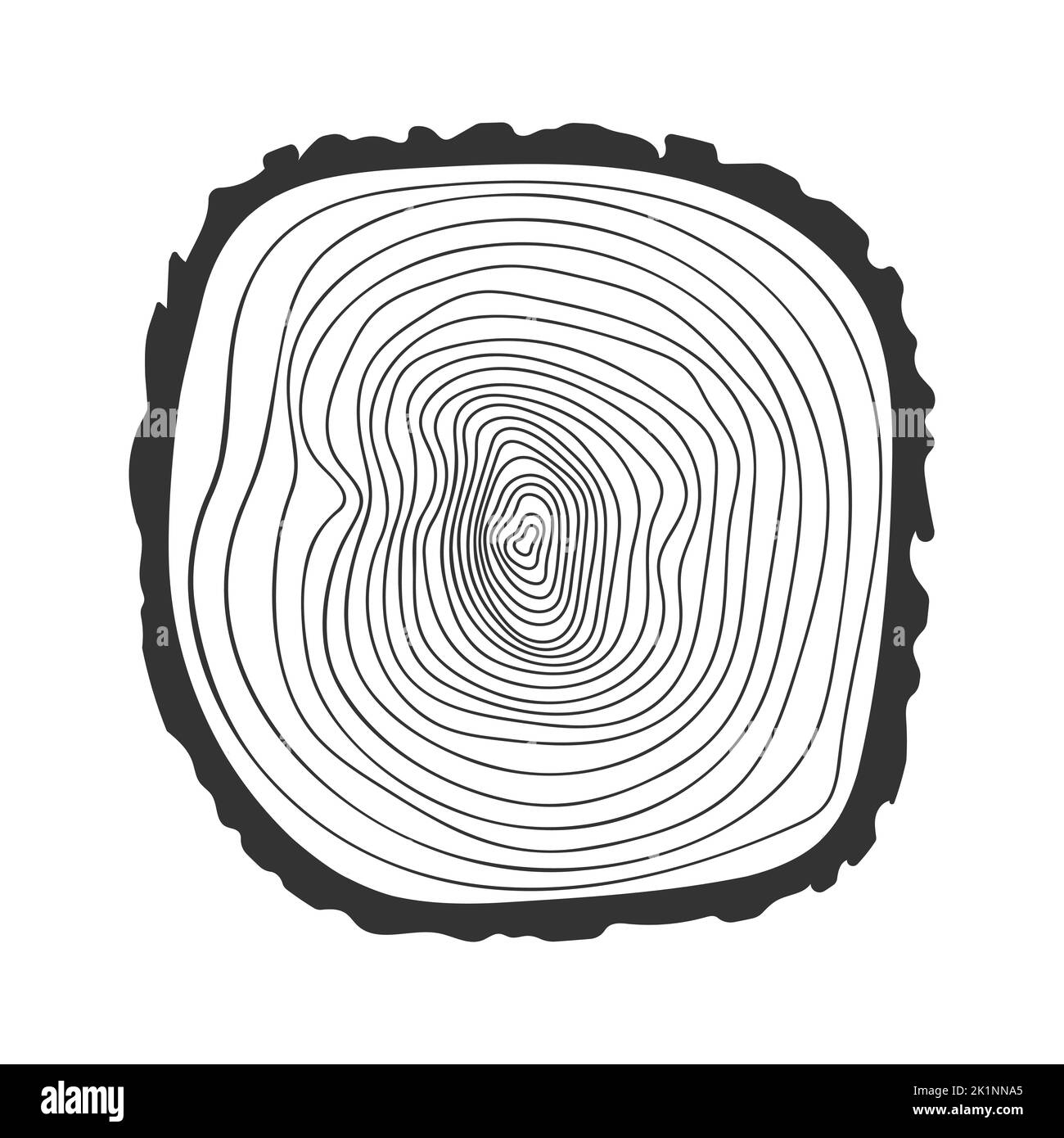 Icona dell'anello di crescita dell'albero in stile doodle. Sezione trasversale del tronco per determinare l'età dell'albero. Concetto di dendrocronologia. Timbro con struttura in legno disegnato a mano isolato su sfondo bianco. Illustrazione grafica vettoriale Illustrazione Vettoriale