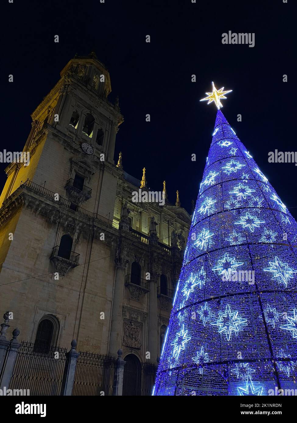 Bellissimo albero di Natale pieno di stelle su di esso che si erge di fronte alla Cattedrale di Jaen t notte, Spagna. Natale magia e anima. Foto di alta qualità Foto Stock