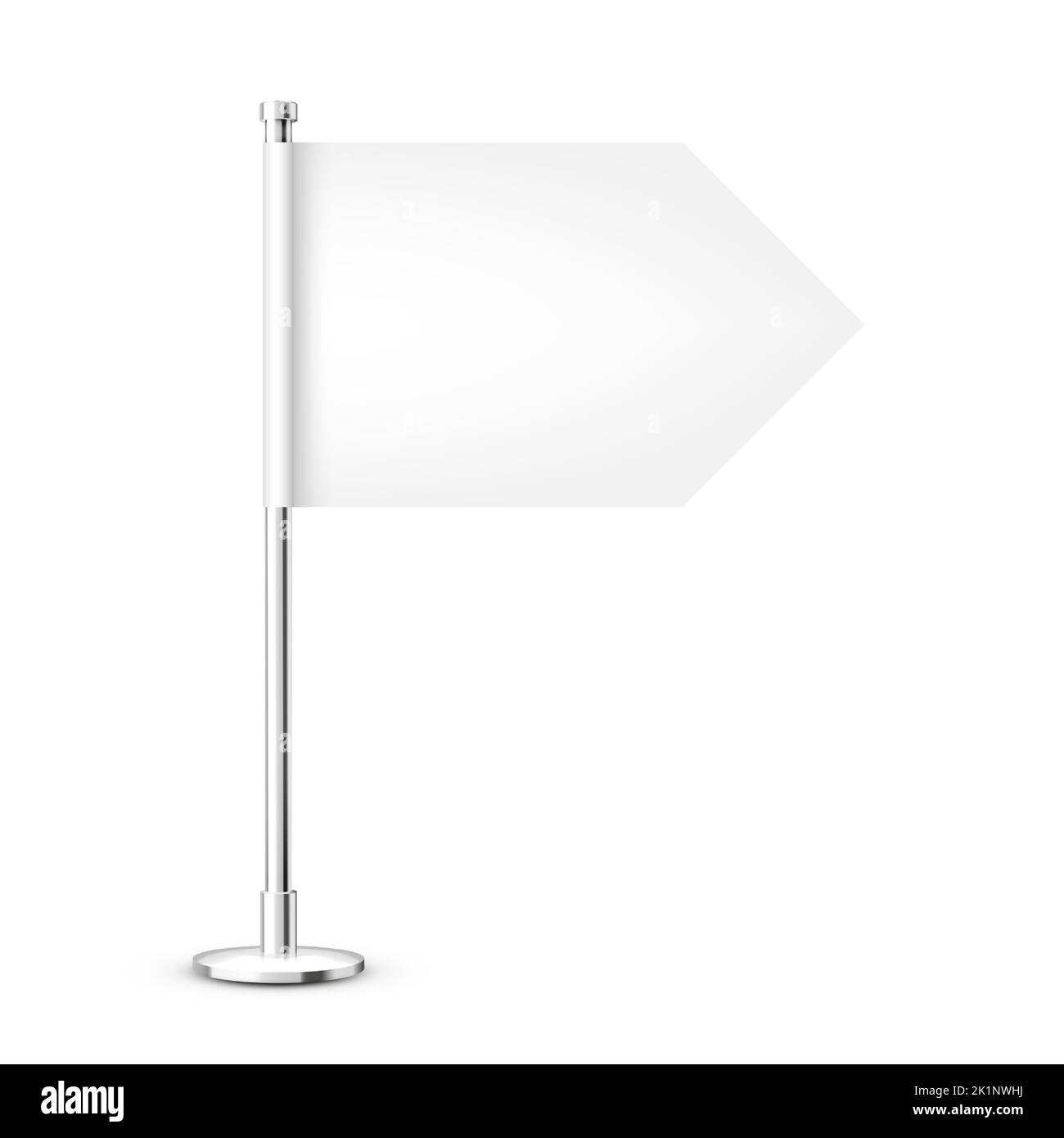Bandiera da tavolo realistica su un palo in acciaio cromato. Bandiera bianca vuota da tavolo in carta o tessuto. Supporto in metallo lucido. Mockup per la promozione e la pubblicità Illustrazione Vettoriale