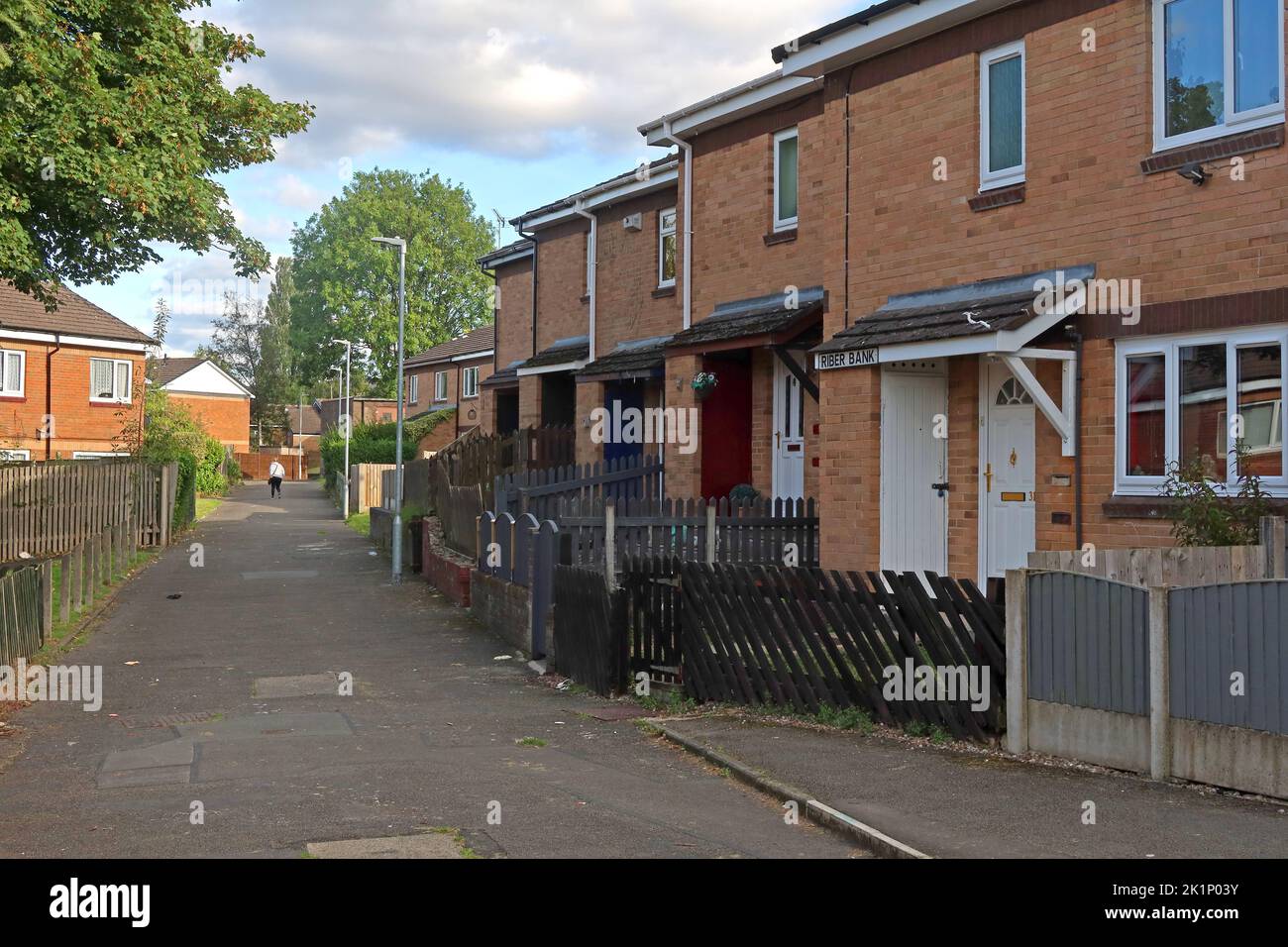 Terranced case in Riber Bank, Gamesley, Glossop, High Peak, Derbyshire, INGHILTERRA, REGNO UNITO, SK13 6TS Foto Stock