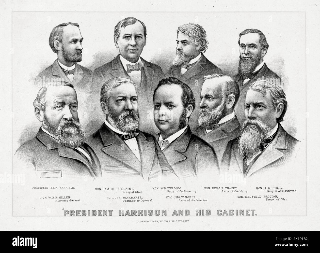 Incisione di US Pesident Benjamin Harrison e del suo gabinetto di : Front (da sinistra a destra): Harrison, William Windom, John Wanamaker, Redfield Proctor, James G. Blaine; Indietro (da sinistra a destra): William H. Miller, John W. Noble, Geremia M. Rusk, Benjamin F. Tracy. Foto Stock