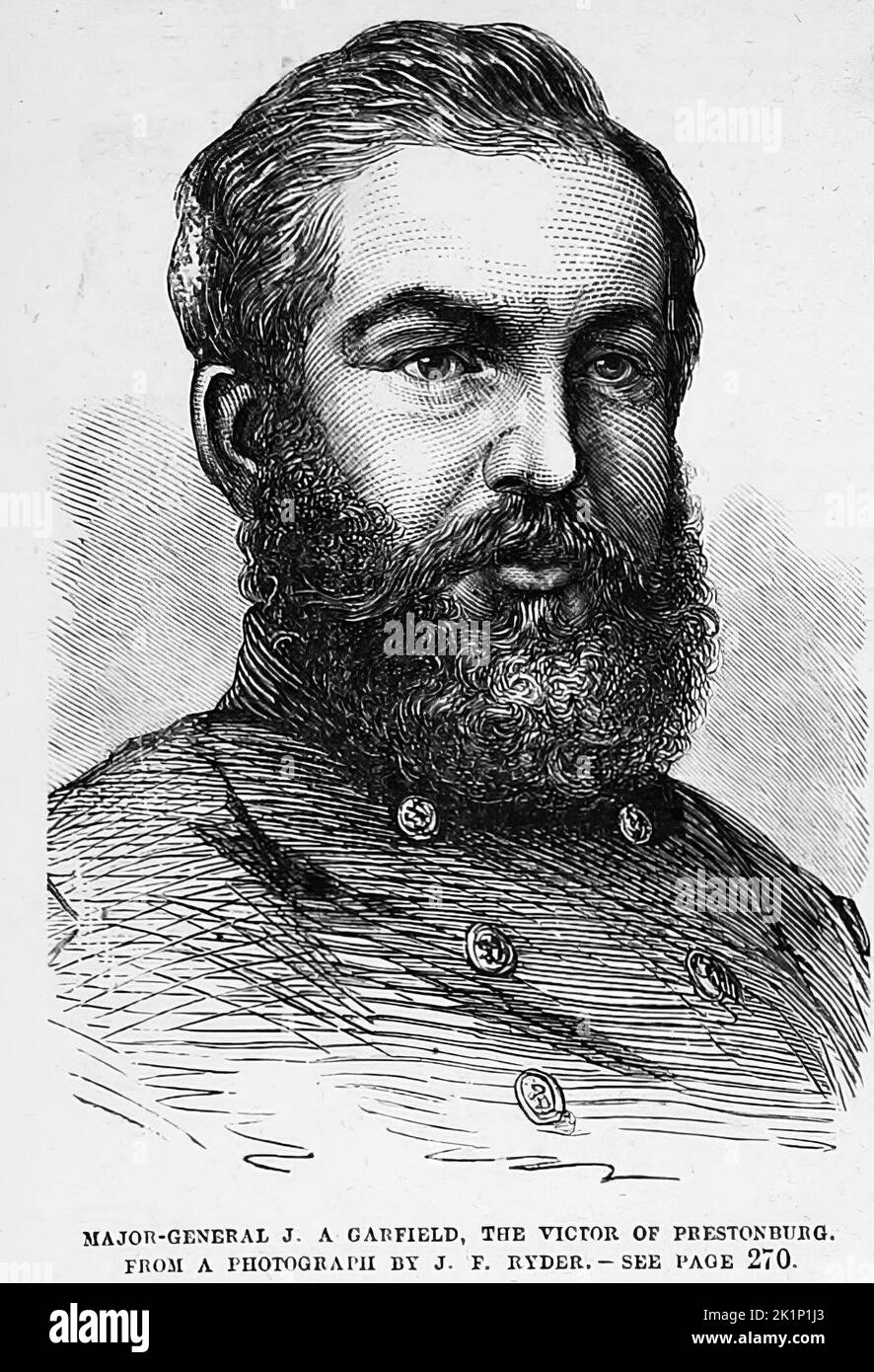 Ritratto del maggiore generale James Abram Garfield, il vincitore di Prestonburg. 1862. Illustrazione della guerra civile americana del 19th° secolo dal quotidiano illustrato di Frank Leslie Foto Stock