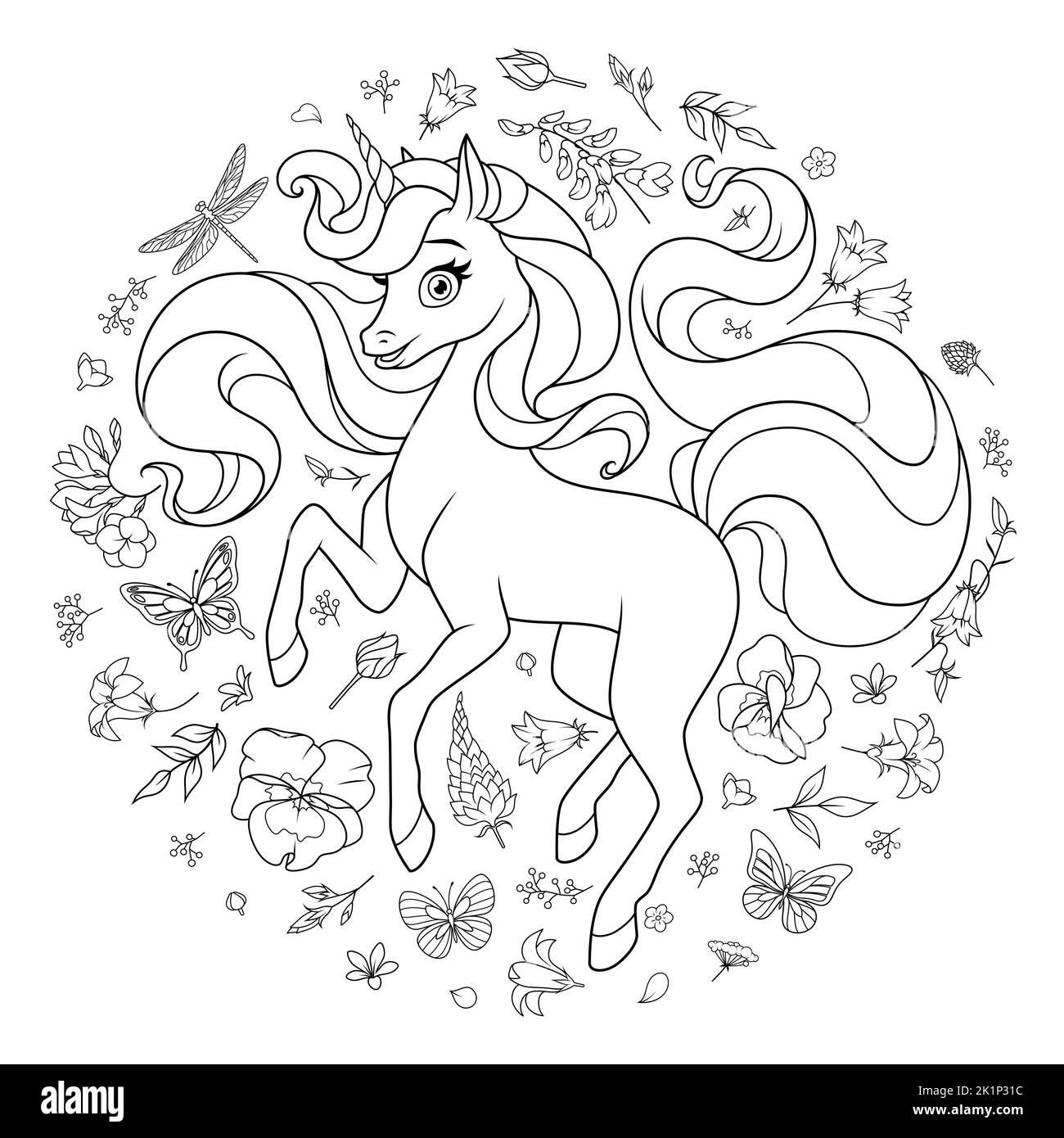 Simpatico unicorno circondato da fiori e farfalle. Illustrazione vettoriale del cartone animato per la colorazione. Illustrazione Vettoriale