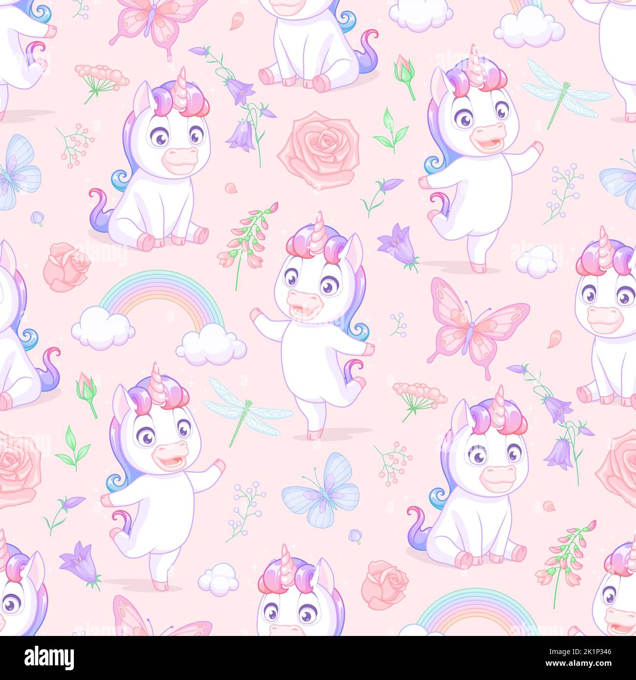 Motivo vettoriale senza cuciture con unicorni, arcobaleni, farfalle e fiori su sfondo rosa. Illustrazione Vettoriale
