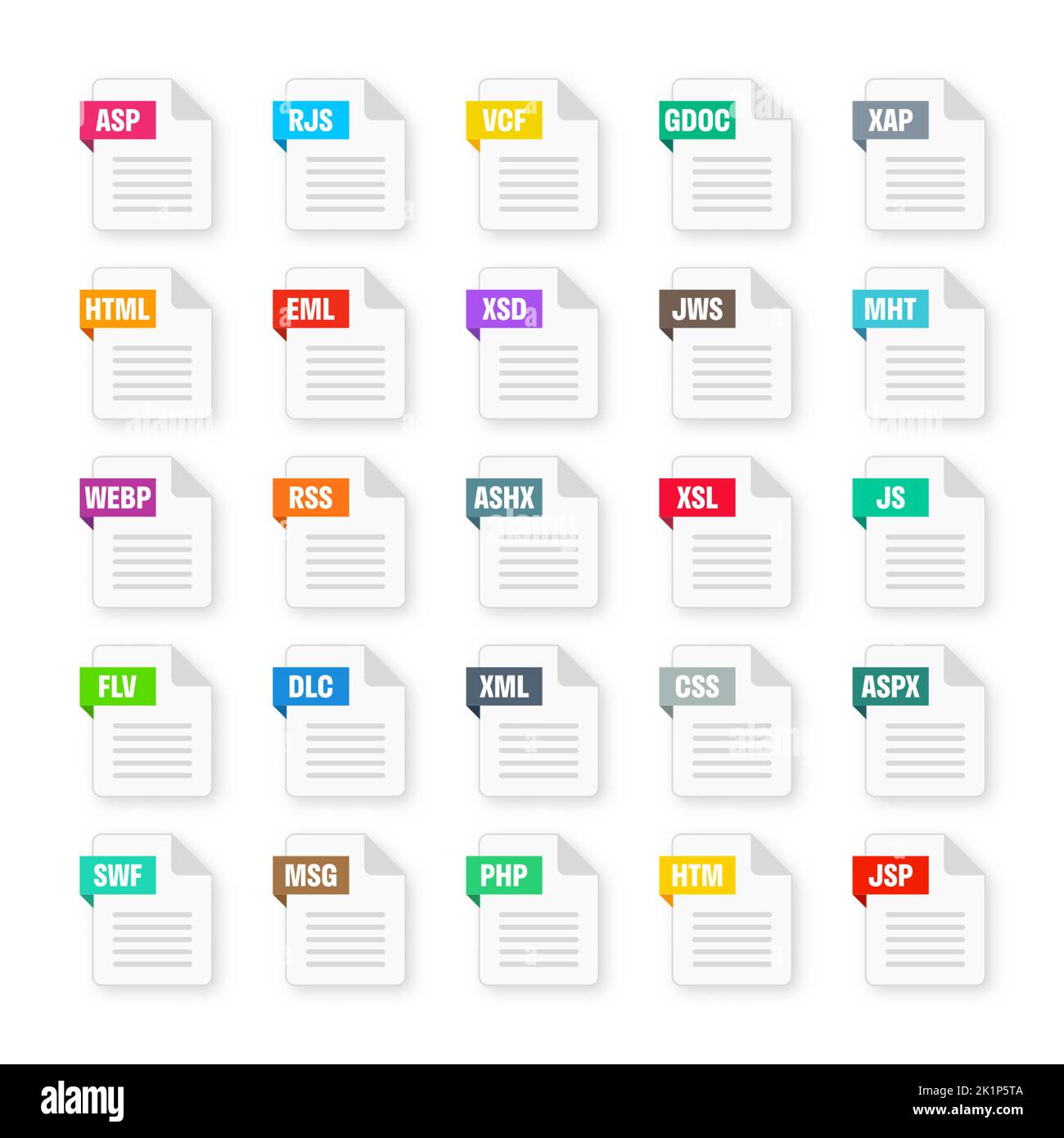 Formati file di sistema comuni. Tipi di documento ed estensioni. Collezione icone stile piatto. Pittogramma del documento, elemento dell'interfaccia utente del disegno Web, modello. Computer Illustrazione Vettoriale