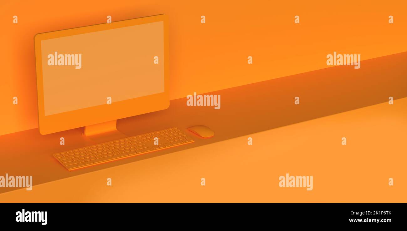 Sfondo arancione del lavoro remoto sullo schermo del computer desktop, vista ad angolo alto. Concetto di ritorno alla scuola 3D: Riapertura di scuole, università, centri di istruzione Foto Stock