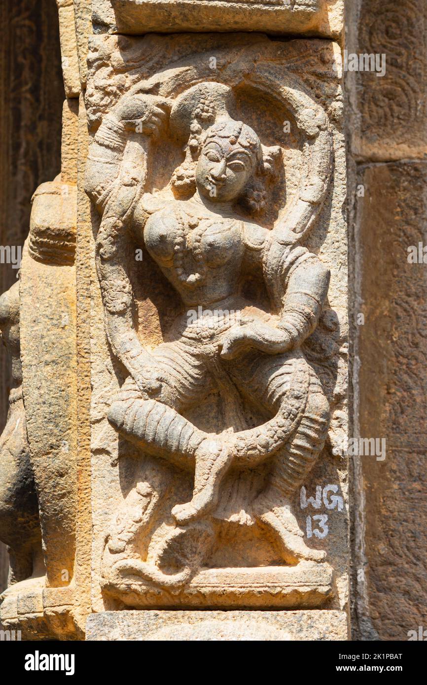 La sutura delle donne danzanti sul Tempio di Gaurishvara, Yelandur, Chamarajanagar, Karnataka, India. Foto Stock