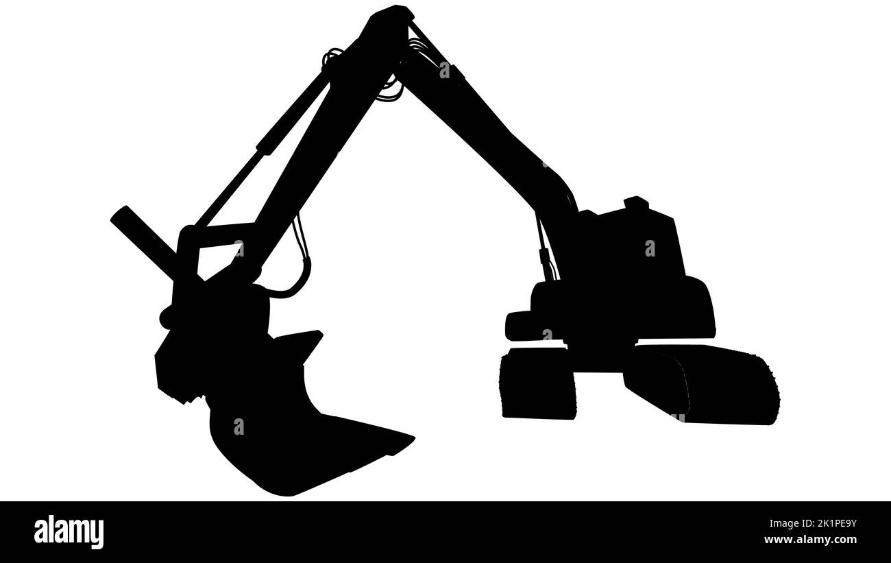 Escavatore silhouette nera in vista prospettica isolato. Elemento di disegno vettoriale. Illustrazione Vettoriale