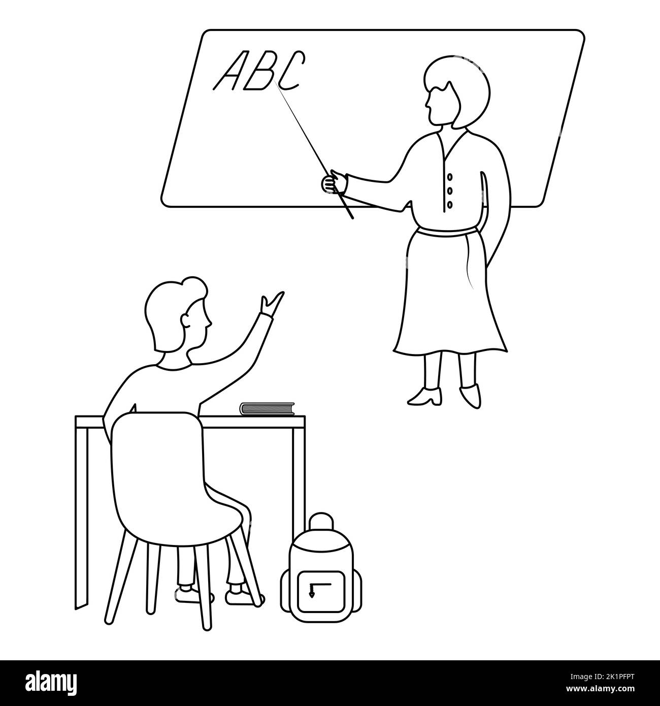 Un ragazzo alza la mano per rispondere alla domanda dell'insegnante. Schizzo. Una donna punta con un puntatore alle lettere ABC scritte sulla lavagna. Illustrazione Vettoriale