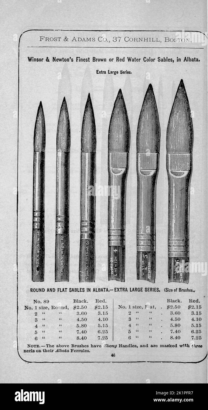 WINSOR & Newton's Round and Flat Sables in Albata dal catalogo descrittivo dei materiali per artisti, carte da disegno, tela da ricalco e strumenti matematici. Di Frost & Adams Co. Data di pubblicazione 1898 Foto Stock