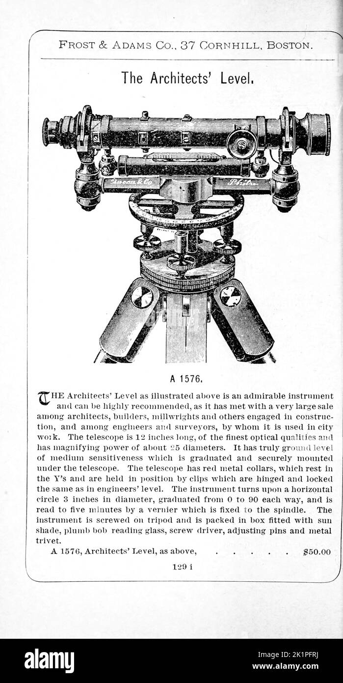 Il livello degli Architetti dal catalogo descrittivo dei materiali degli artisti, delle carte da disegno, della tela di traccia e degli strumenti matematici. Da Frost & Adams Co. Pubblicazione data 1898 Foto Stock