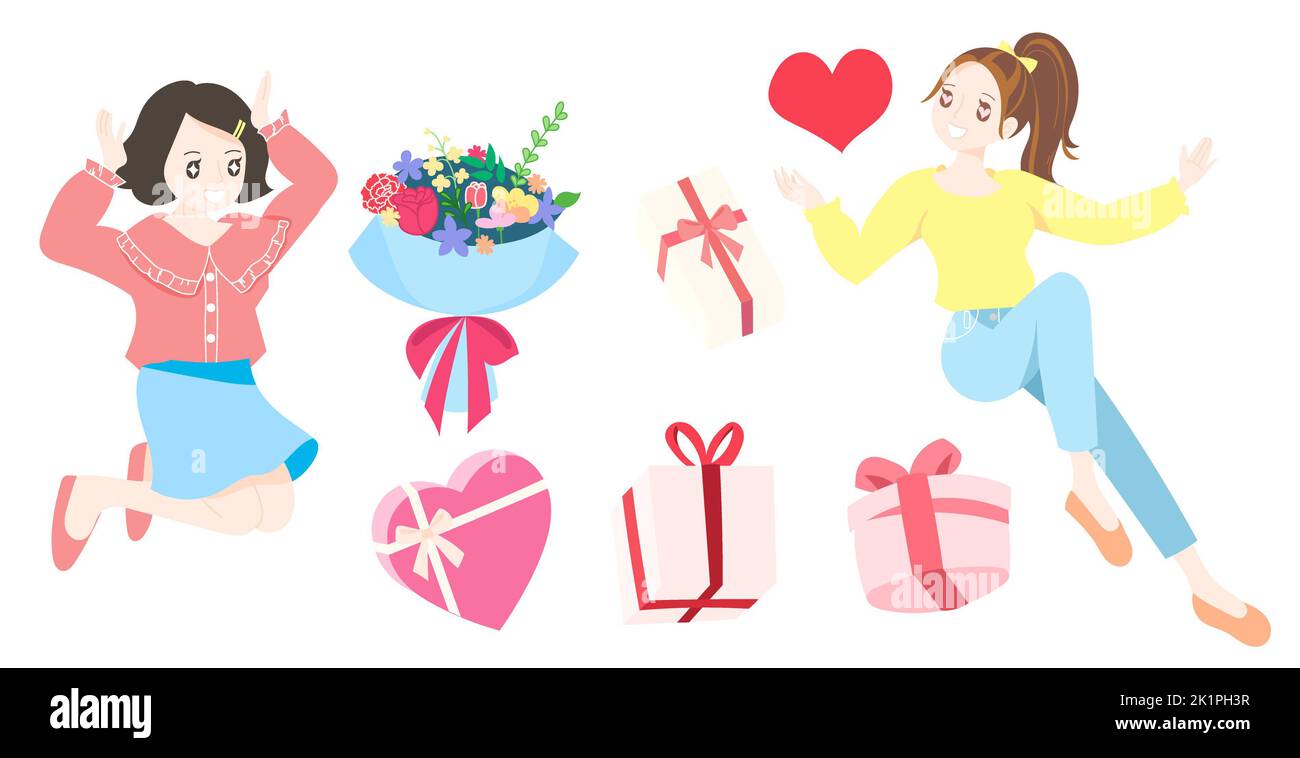 San Valentino, 14 febbraio. Due carini personaggi con scatole regalo rosa dolce, un bel bouquet di fiori misti e un vettore cuore. Foto Stock