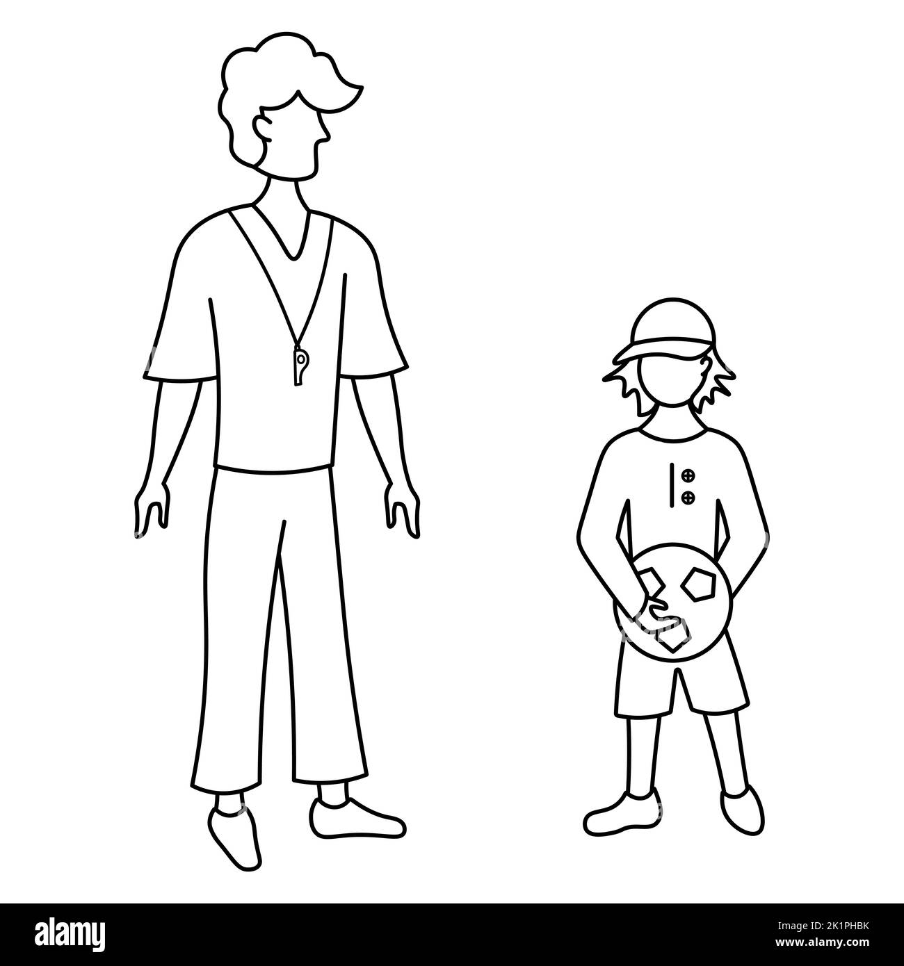 Un insegnante di sport forma uno studente. Schizzo. Un uomo con un fischio al collo e un ragazzo in berretto con una palla da calcio. Illustrazione vettoriale. Tema scolastico Illustrazione Vettoriale