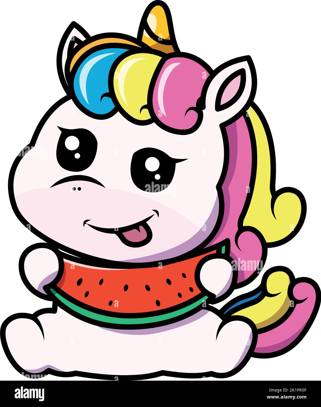 Un'adorabile illustrazione digitale di un simpatico unicorno arcobaleno che mangia una fetta di anguria Illustrazione Vettoriale