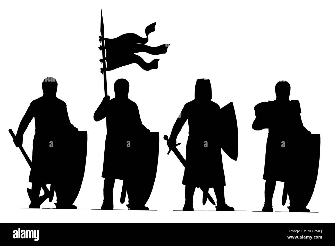 Disegno di silhouette del cavaliere medievale. Set con crociati. Templari e Cavalieri Ospitalier. Foto Stock