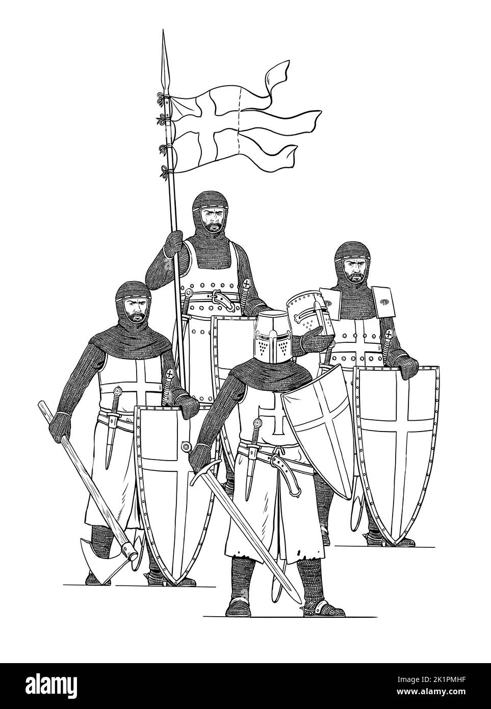 Disegno medievale del cavaliere. Set con crociati. Templari e Cavalieri Ospitalier. Foto Stock
