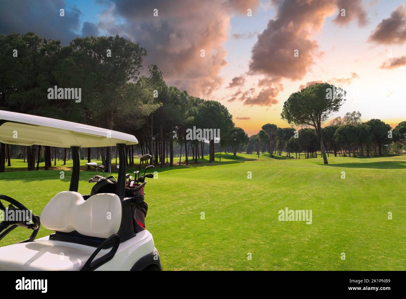 Golf cart nel fairway del campo da golf con erba verde con cielo nuvoloso e alberi al tramonto Foto Stock