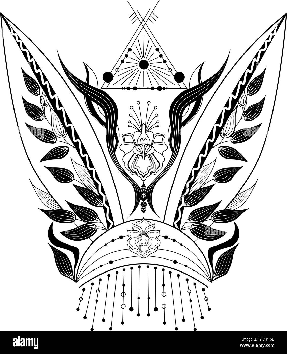 Icona elementi mistici. Elementi esoterici, boho mistici disegnati a mano. Alchimia esoterica magica e stregoneria. Design mistico e magico con alchimia symb Illustrazione Vettoriale