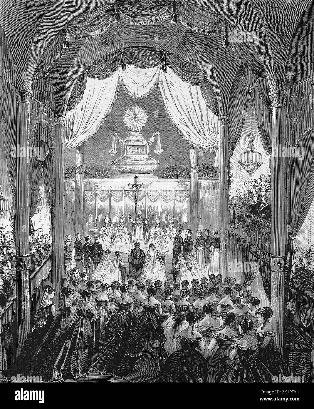 Die Trauung von Umberto I. und Seiner Cousine Margarethe am 22. Aprile 1868 a der Kathedrale von Torino, Umberto I., Umberto Rainerio Carlo Emanuele Giovanni Maria Ferdinando Eugenio di Savoia (14. März 1844 - 29. Juli 1900), Haus Savoyen, war von 1878 bis 1900 König von Italien, und Margarethe Maria Teresa Johanna, Margherita Maria Teresa Giovanna di Savoia, (20. Novembre 1851 - 4. Gennaio 1926) / il matrimonio di Umberto i con suo cugino Margarethe il 22 aprile 1868 nella Cattedrale di Torino, Umberto i, Umberto Rainerio Carlo Emanuele Giovanni Maria Ferdinando Eugenio di Savoia (14 marzo 1844 - 29 J Foto Stock