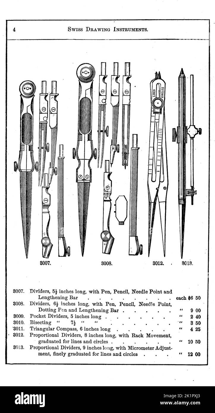 Strumenti di disegno svizzeri dal catalogo di strumenti matematici, carta da disegno, strumenti di misurazione, livelli, vernici e materiali di disegno di McAllister, F. W., Baltimora. [Dal vecchio catalogo] Data di pubblicazione 1890 Foto Stock