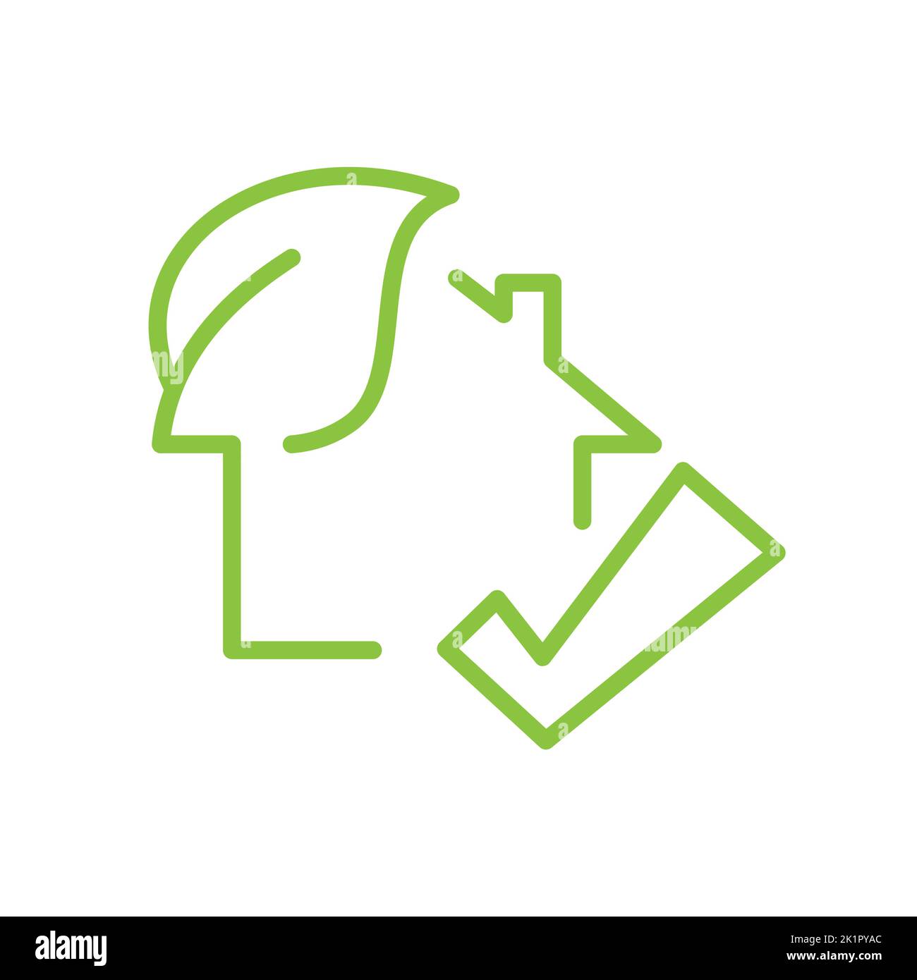 Icona vettoriale per linee di edifici ad alta efficienza energetica. Verde, casa sostenibile con simbolo contorno foglia. Illustrazione Vettoriale