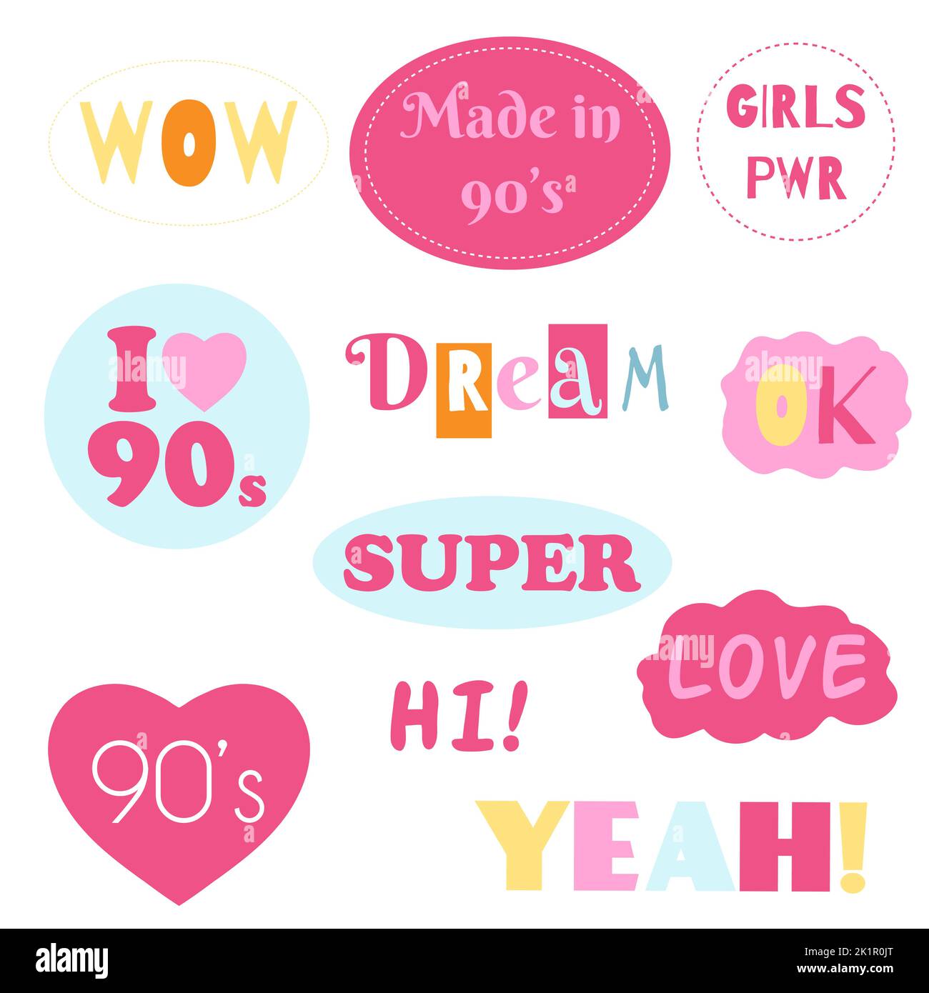 Collezione moda di adesivi girly 90s. Illustrazione vettoriale di toppe disegnate a mano, spille di colore rosa. Nostalgia 1990. Illustrazione Vettoriale