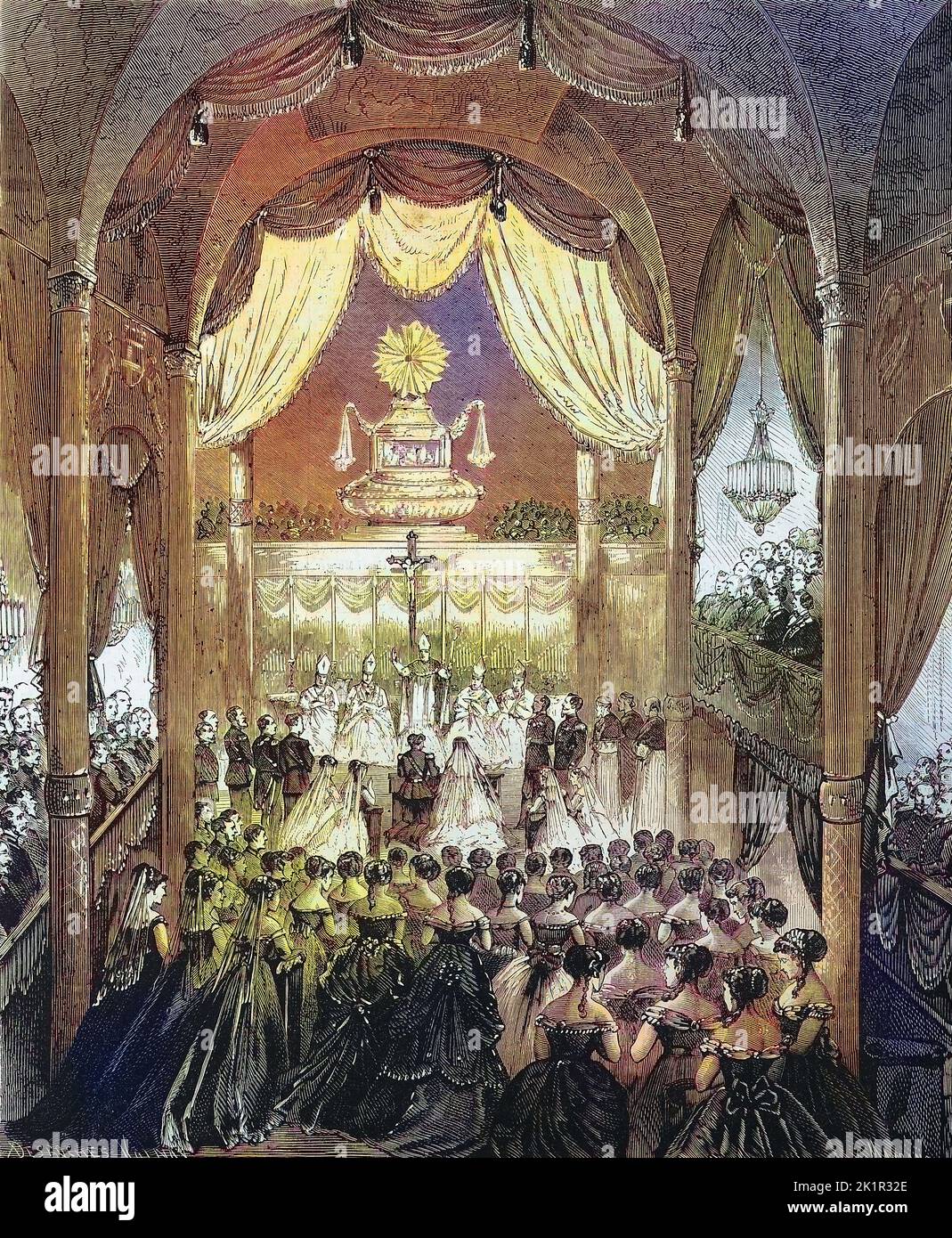 Die Trauung von Umberto I. und Seiner Cousine Margarethe am 22. Aprile 1868 a der Kathedrale von Torino, Umberto I., Umberto Rainerio Carlo Emanuele Giovanni Maria Ferdinando Eugenio di Savoia (14. März 1844 - 29. Juli 1900), Haus Savoyen, war von 1878 bis 1900 König von Italien, und Margarethe Maria Teresa Johanna, Margherita Maria Teresa Giovanna di Savoia, (20. Novembre 1851 - 4. Gennaio 1926) / il matrimonio di Umberto i con suo cugino Margarethe il 22 aprile 1868 nella Cattedrale di Torino, Umberto i, Umberto Rainerio Carlo Emanuele Giovanni Maria Ferdinando Eugenio di Savoia (14 marzo 1844 - 29 J Foto Stock