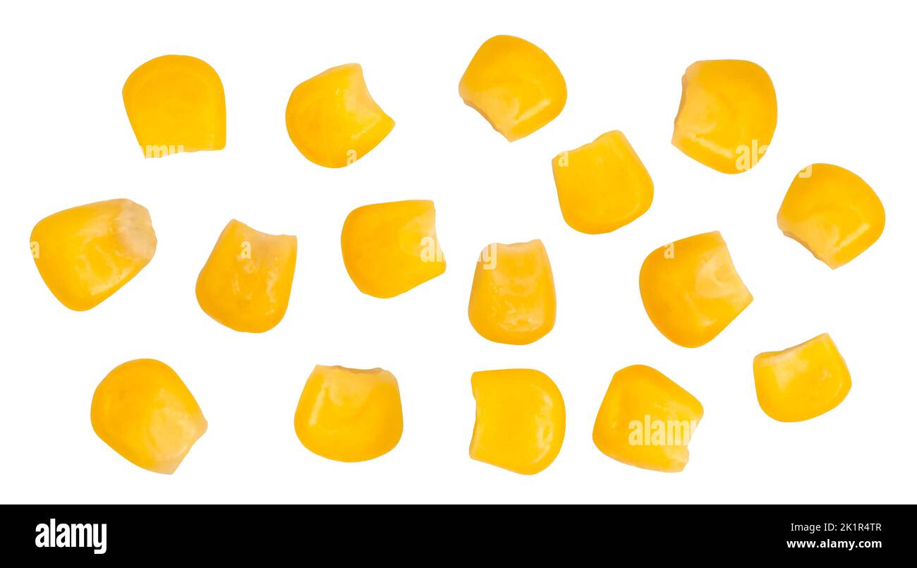Granaglie di mais isolate su sfondo bianco. Immagine a colori di diversi chicchi di mais. Illustrazione della mesh vettoriale. Illustrazione Vettoriale
