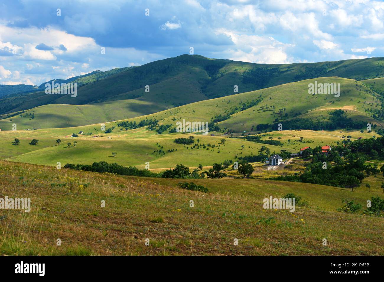 Bellissimo paesaggio pittoresco della regione di Zlatibor con case in stile architettonico distintivo sparse sulle verdi colline nelle soleggiate giornate estive Foto Stock