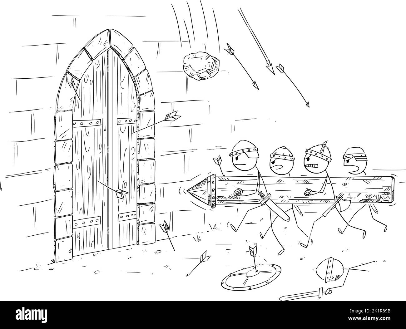 Martellando RAM attaccando Castle Gate durante la battaglia medievale o assedio, Vector Cartoon Stick Illustrazione Illustrazione Vettoriale