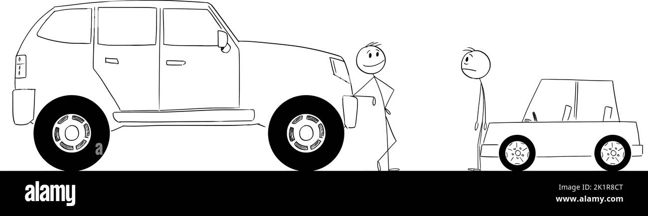 Grande e piccola automobile, proprietario ricco e povero, illustrazione di figura del bastone di cartoon del vettore Illustrazione Vettoriale