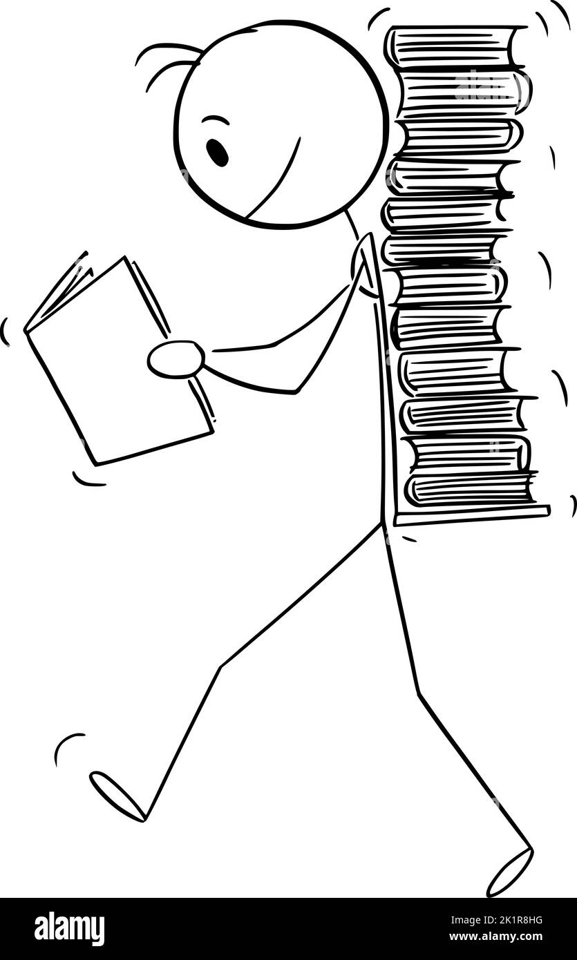 Persona che legge il libro che cammina, figura del bastone del cartone vettoriale Illustrazione Vettoriale