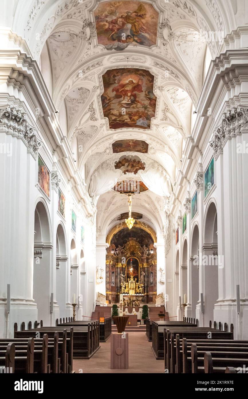 Splendida vista sulla navata della famosa chiesa Collegiata di Neumünster a Würzburg, Germania. Gli interni della chiesa sono decorati con dipinti mozzafiato... Foto Stock