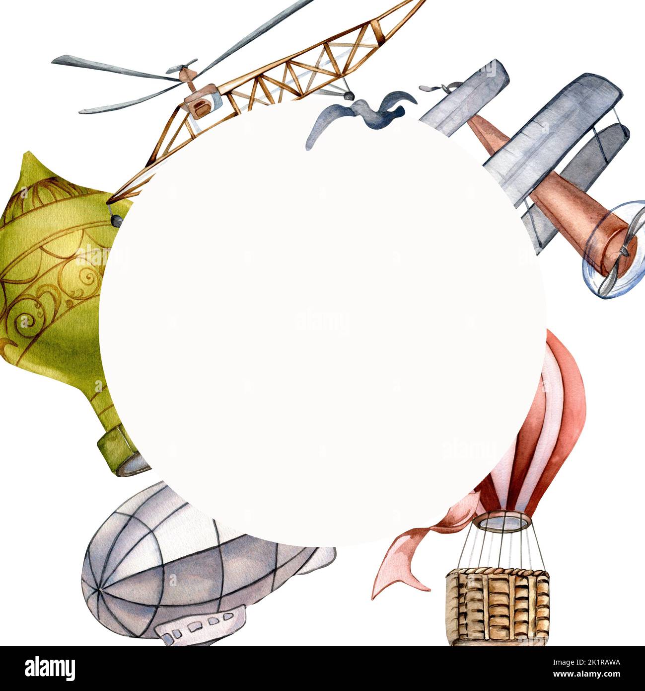 Cornice circolare dell'illustrazione di acquerello di trasporto retro isolato su fondo bianco. Elicottero, dirigibile, palloncino ad aria calda, corona di vetro Foto Stock