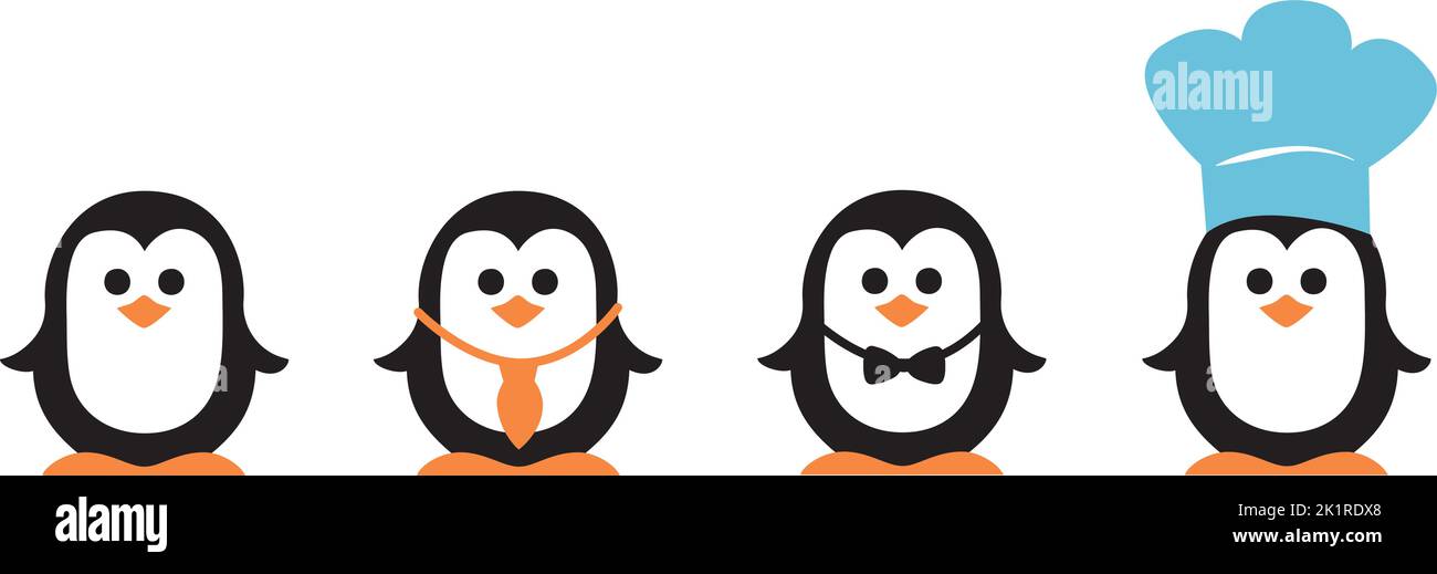 Quattro simpatici pinguini con cravatta, cravatta e cappello dello chef Illustrazione Vettoriale