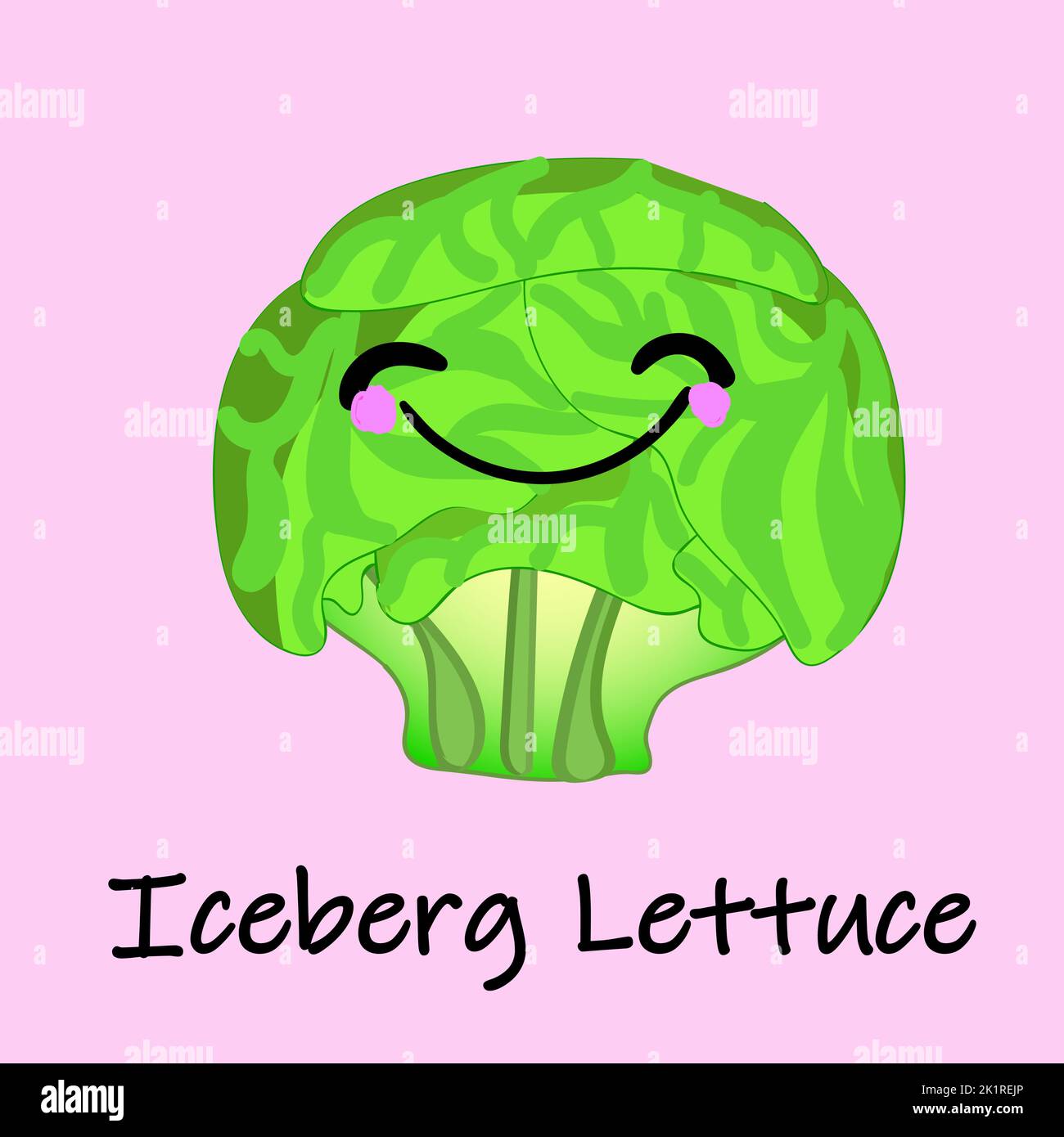 Cartoon Illustrazione di una lettera felice di Iceberg. Illustrazione vettoriale di una lattuga di iceberg isolata con una texture colorata e un volto sorridente felice. Illustrazione Vettoriale