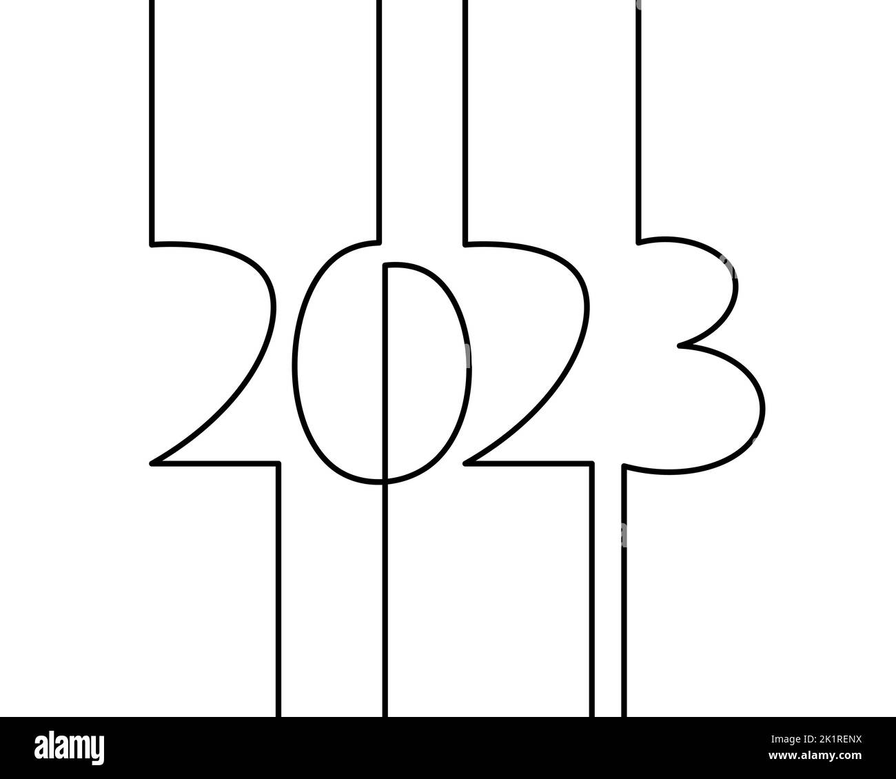 2023 nuovo anno single linea continua art. Biglietto di auguri decorazione titolo. Numeri di data concetto design. Un disegno di contorno di schizzo bianco Illustrazione Vettoriale