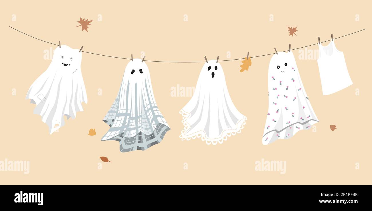Sfondo di Halloween con cute fantasmi fogli che asciugano sulla corda. Illustrazione divertente del vettore. Illustrazione Vettoriale