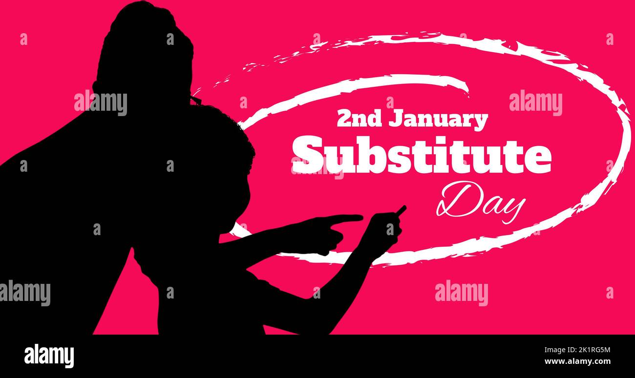 Illustrazione del testo del giorno sostitutivo del 2nd gennaio e dell'ombra dell'insegnante e dello studente su sfondo rosa Foto Stock