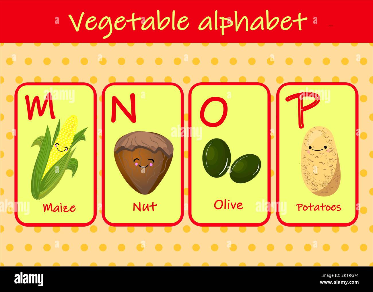 Illustrazione con caratteri divertenti. Font per bambini in VERDURE stile cartoon . Set di lettere luminose multicolore per iscrizioni E FORMAZIONE Illustrazione Vettoriale